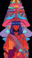 Fototapeta premium Colorful abstract art of female with fish and hat in psychedelic style