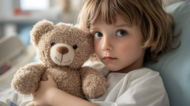 A child holding a teddy bear in a pediatric hospital room looking hopeful.