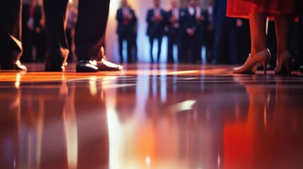 Close to the candidates podiums the camera focuses on the gleaming floor where the candidates shoes leave reflections while blurred figures of the audience lean forward embodying a