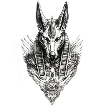 recommend clip art: A tattoo design based on the Egyptian god Anubis, with a grayscale background and tattoo art.