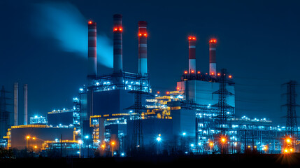 Obraz premium An electric power plant at night illuminated by deep blue and red industrial lights.