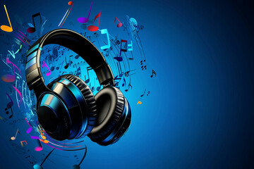 Obraz premium Black headphones with colorful musical notes on a blue background 