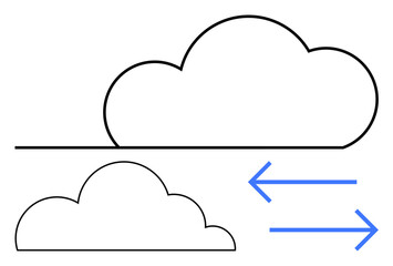 Two outlined clouds with blue double arrows exchanging data signify cloud storage, transfer, and communication. Ideal for technology, networking, cloud computing, collaboration, remote work