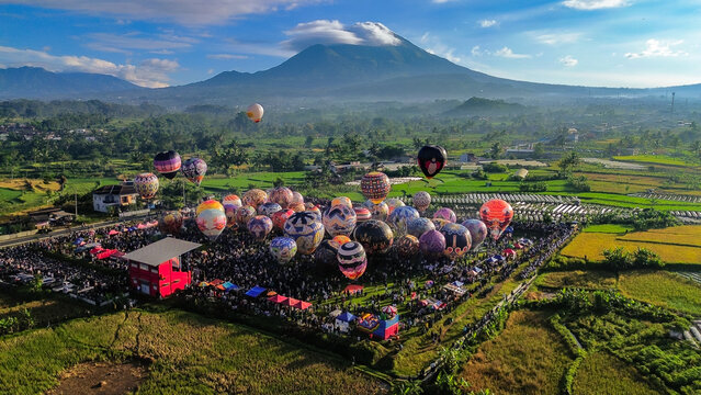 Colorful Hot Air Balloon Festival with a Stunning Mountain View. Ballon festival of Wonosobo, Central Java Indonesia. 