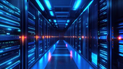 Fototapeta premium Illuminated data center hallway with rows of server racks and network infrastructure
