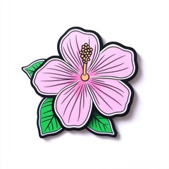 Pink Hibiscus Flower Illustration with Green Leaves in Vibrant Colors for Creative Design Projects