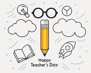 Happy Teacher's Day Doodles: Glasses, Pencil, Book, Globe, and Lightbulb.