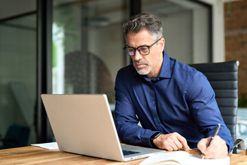 Fototapeta premium 50 years old business man company manager investor working on computer technology sitting at office desk. Busy mature middle aged professional businessman executive using laptop at work writing notes.