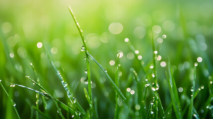 A close-up of fresh green grass covered in tiny dew drops.