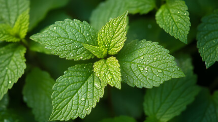A close-up of fresh green leaves with dewdrops reflecting light.