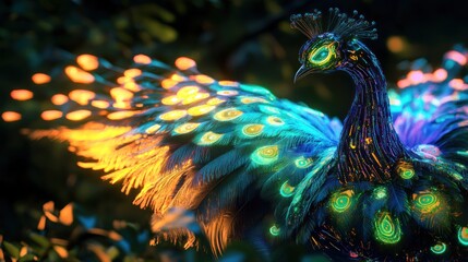 Fototapeta premium Spectacular Cybernetic Peacock with Glowing Neon Feathers Displaying Plume