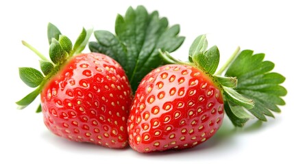 Two ripe strawberries, vibrant red and dotted with seeds, are nestled among lush green leaves on a pristine white background.