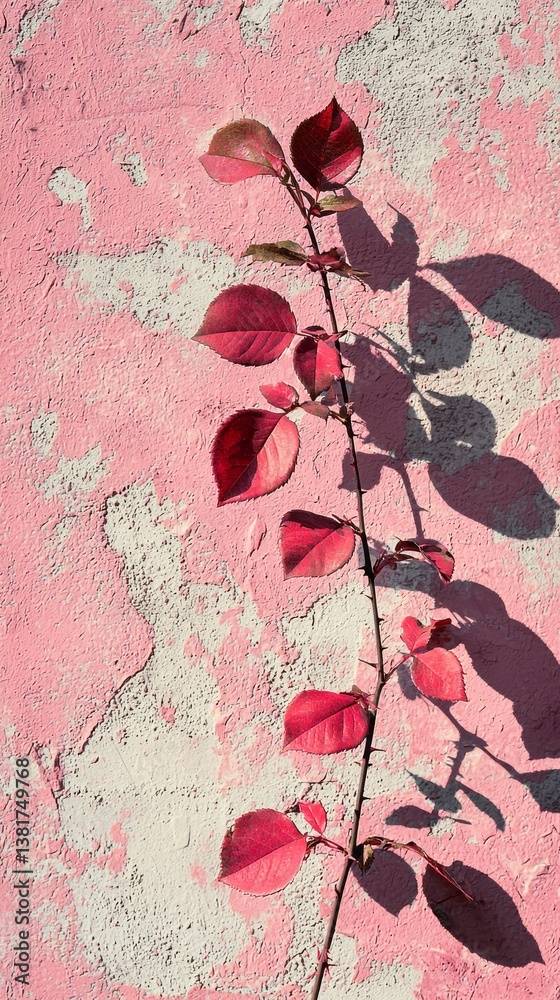Poster bright rose leaves extend gracefully across a textured pink concrete backdrop, casting soft shadows 