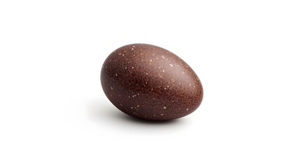 A brown speckled egg sits on a stark white background, suggesting a modern take on traditional Easter decorations or culinary photography.