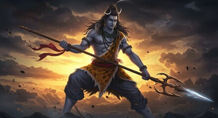 Lord Shiva holding spear amidst a dramatic sky spiritual artwork