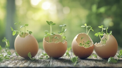 Four cracked eggshells sprout green plants on mossy wood in nature