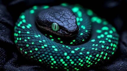 Fototapeta premium A coiled snake with glowing green spots and vibrant colors