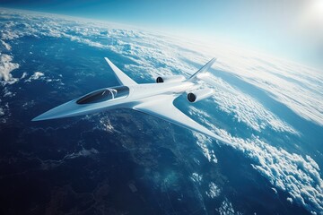 Naklejka premium White luxury private jet flying over Earth. AI generated illustration.