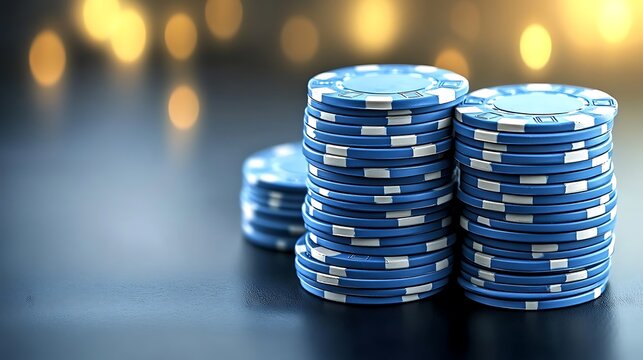 Stacks of blue poker chips are displayed on a dark surface - Powered by Adobe