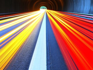 Bright streaks of light from vehicles moving through a tunnel