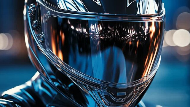 Reflective Chrome Helmet Close-up in Blue Light