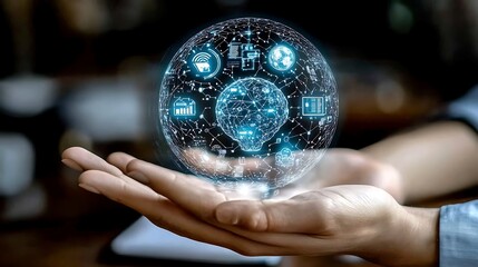 A human hand holding a glowing sphere of digital information
