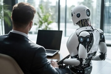 Rearview of businessman with cyborg robot in studio. AI generated illustration.