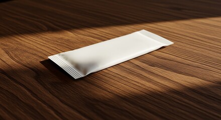 Single White Sachet on Wooden Table with Sunlight Creates Elegant Mockup