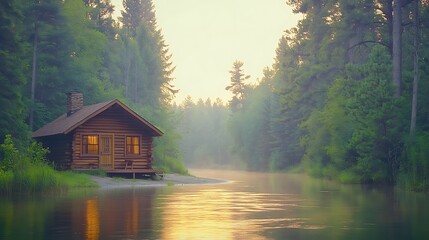 Fototapeta premium A serene log cabin sits beside a misty river scene