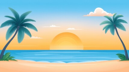 Serene Tropical Sunrise Over Calm Ocean with Palm Trees and Soft Hues of Orange and Blue in the Sky