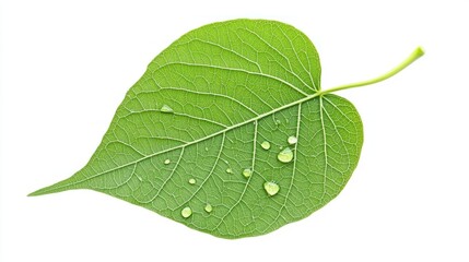 Obraz premium Fresh Green Leaf with Dew Drops on a White Background