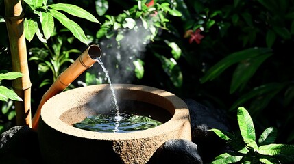 Tranquil garden scene featuring a bamboo water fountain gently flowing into a stone basin surrounded by lush greenery