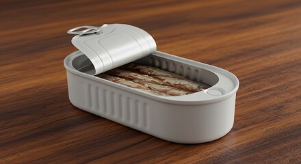 Open Can of Sardines on Wooden Tabletop Ready to Eat