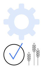 Gear symbolizing productivity, checkmark for quality assurance, and wheat ears for agriculture. Ideal for concepts thumbs up industry, sustainability, farming, efficiency, approval, rural economy