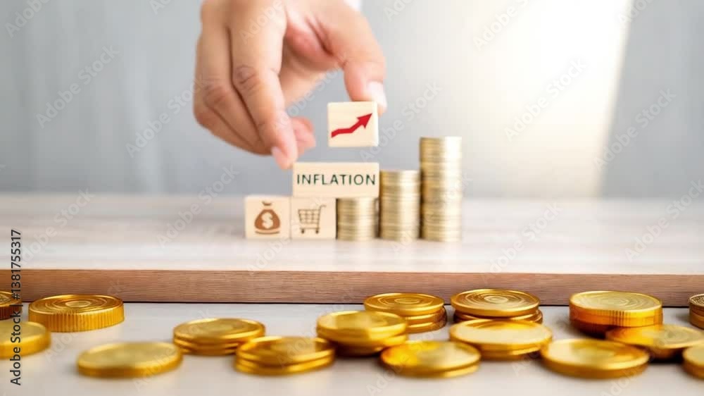 Poster Hand placing block with arrow on inflation blocks near coin stacks on wooden surface indoors