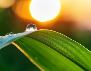 Close-up of a water droplet on a green leaf reflecting the sunrise, ultra detailed, macro photography