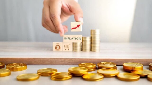 Hand placing block with arrow on inflation blocks near coin stacks on wooden surface indoors