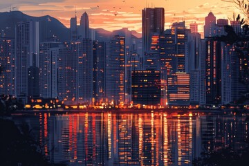 Fototapeta premium Reflective skyscrapers and business office buildings. AI generated illustration.