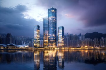 Fototapeta premium Reflective skyscrapers and business office buildings. AI generated illustration.