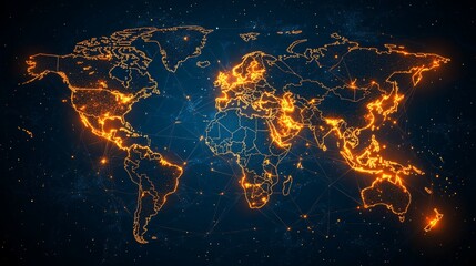 The glowing and connecting global map against a dark blue backdrop
