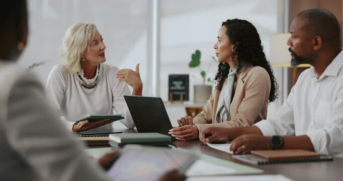 Business people, meeting and conversation with planning, laptop and cooperation with investment. Employees, seminar or workshop for skills, financial firm and documents with discussion or economy