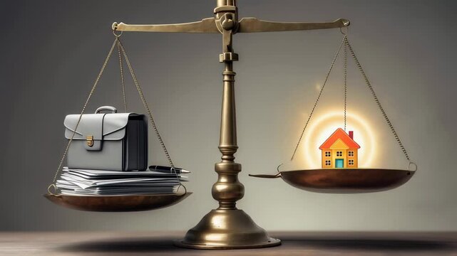 A symbolic image of a scale balancing a stack of work documents with a glowing house, representing the concept of work-life balance, quiet quitting and priorities