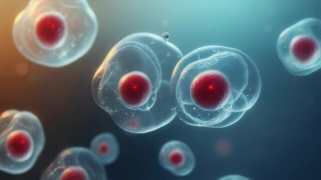 A detailed microscopic visualization of stem cells, showcasing their translucent structure and vibrant red nuclei, set against a glowing background