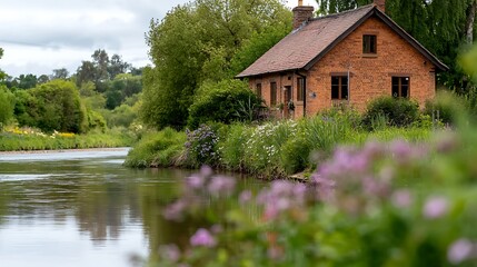 Obraz premium Tranquil riverside scene featuring a rustic brick house surrounded by lush greenery and flowers