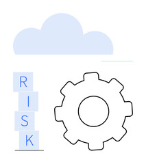 Cloud above, stacked RISK blocks next to a gear representing challenges, problem-solving, and strategies. Ideal for business strategy, innovation, risk management, cloud computing, cybersecurity