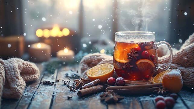 Winter mulled wine in glass mug with orange, cinnamon and star anise. Cozy candle-lit setting with snowflakes falling. Warm festive mood. National Mulled Wine Day concept