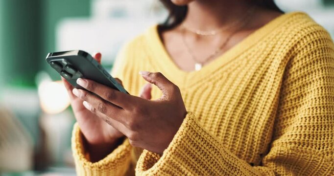 Woman, typing and phone for social media, email and networking with swipe or choice for dating app. Female person, search and male profile on website or site with heart for romance, match and chat