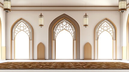 Fototapeta premium Architectural Interior with Arched Windows and Ornate Lanterns Ideal for Design Religion and
