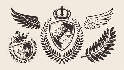 Elegant Heraldic Crest Designs Crowns, Shields, Wings, and Laurel Wreaths