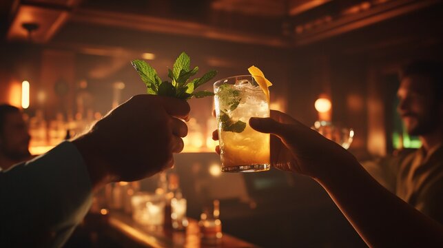 Hands holding mint and a drink in a bar environment